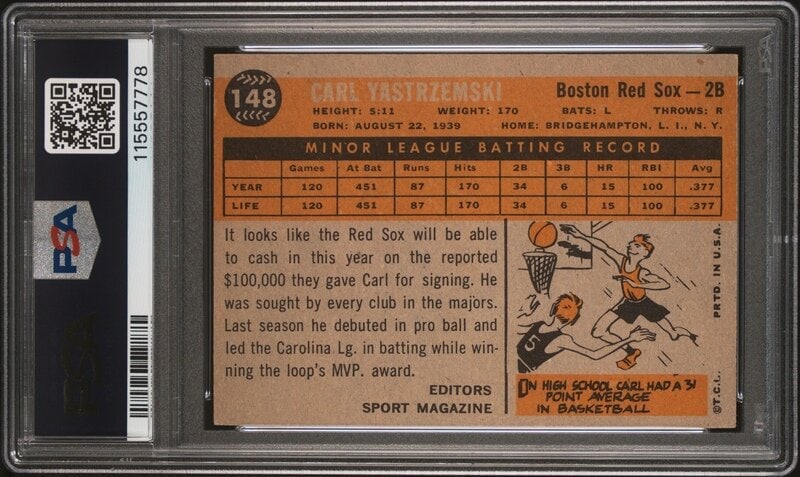 A 1960 Topps Carl Yastrzemski Rookie Baseball Card No. 148 (PSA 5 EX) from The Collection of David E - 2
