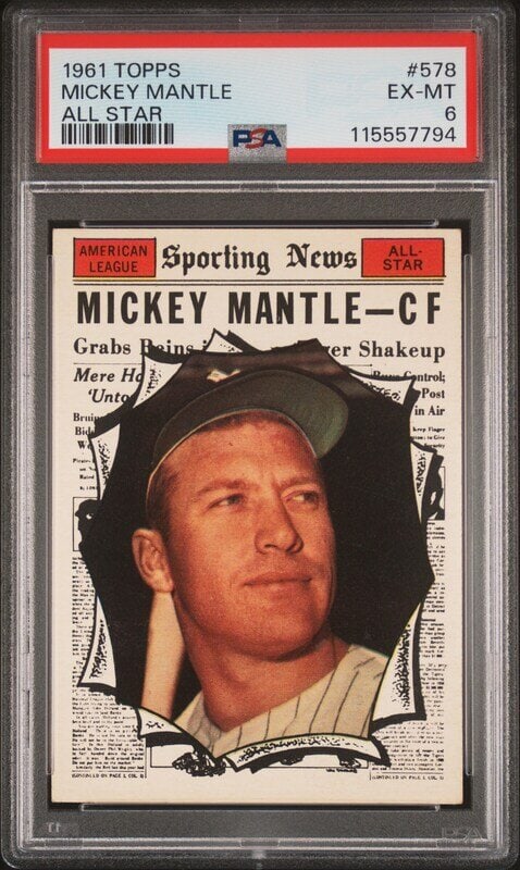 A 1961 Topps Mickey Mantle All Star Baseball Card No. 578 (PSA 6 EX-MT) from The Collection of David: Freeman’s is proud to offer selected highlights from the personal baseball card collection of David Eisenhower—historian, author, and Director of the Institute for Public Service at t