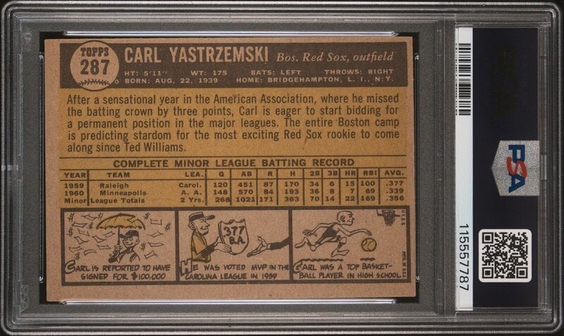 A 1961 Topps Carl Yastrzemski Baseball Card No. 287 (PSA 6 EX-MT) from The Collection of David Eisen - 2