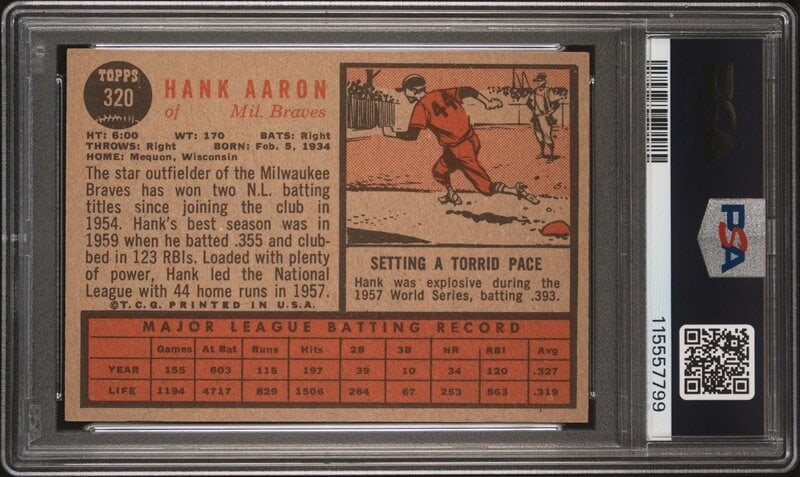 A 1962 Topps Hank Aaron Baseball Card No. 320 (PSA 4 VG-EX) from The Collection of David Eisenhower - 2