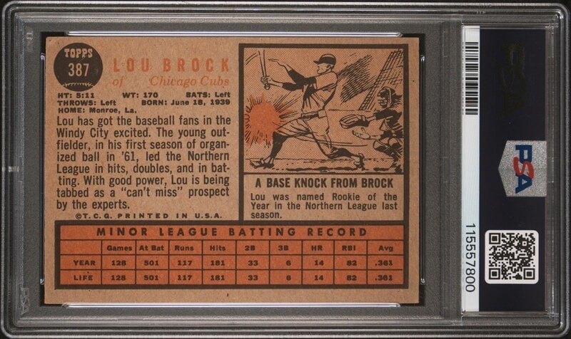A 1962 Topps Lou Brock Rookie Baseball Card No. 387 (PSA 3 VG) from The Collection of David Eisenhow - 2