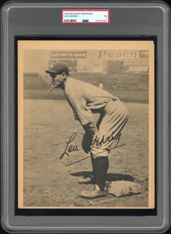 A 1934 R310 Butterfinger Lou Gehrig Baseball Card (PSA 1): A 1934 R310 Butterfinger Lou Gehrig Baseball Card (PSA 1) Property from a Midwest Collector This lot is located in Chicago.