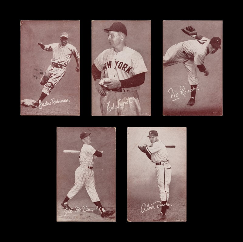 A Collection of 1947-66 Exhibits Baseball Cards Including Jackie Robinson: A Collection of 1947-66 Exhibits Baseball Cards Including Jackie Robinson comprising the following issues: Jackie Robinson, Ed Lopat, Vic Raschi, Gil McDougald, Alvin Dark. This lo