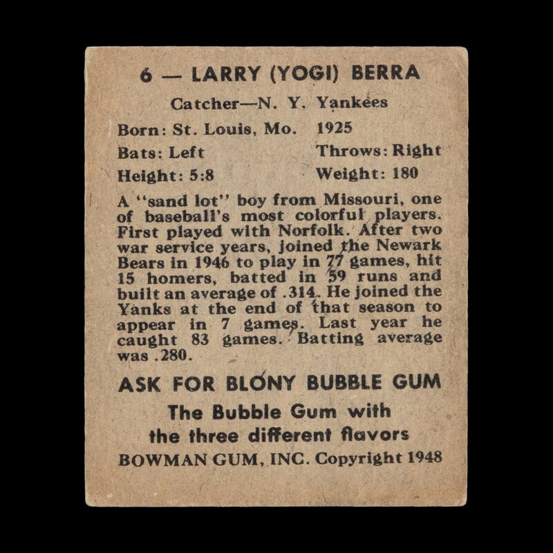 A 1948 Bowman Yogi Berra Rookie Baseball Card No. 6 - 2