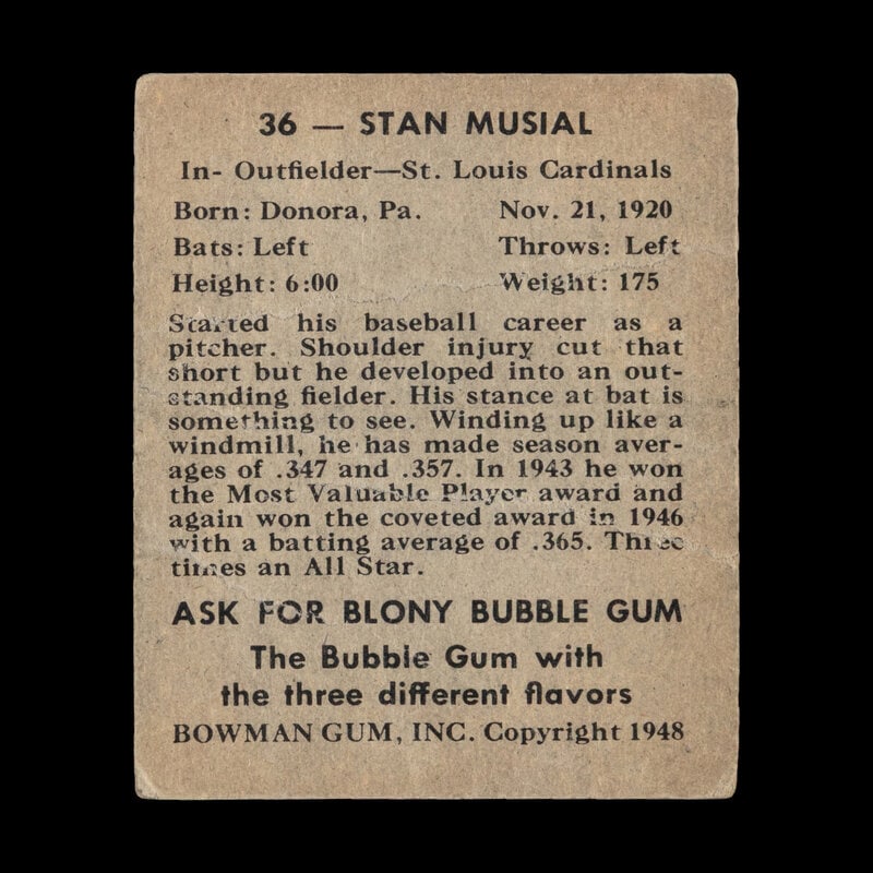 A 1948 Bowman Stan Musial Rookie Baseball Card No. 36 - 2