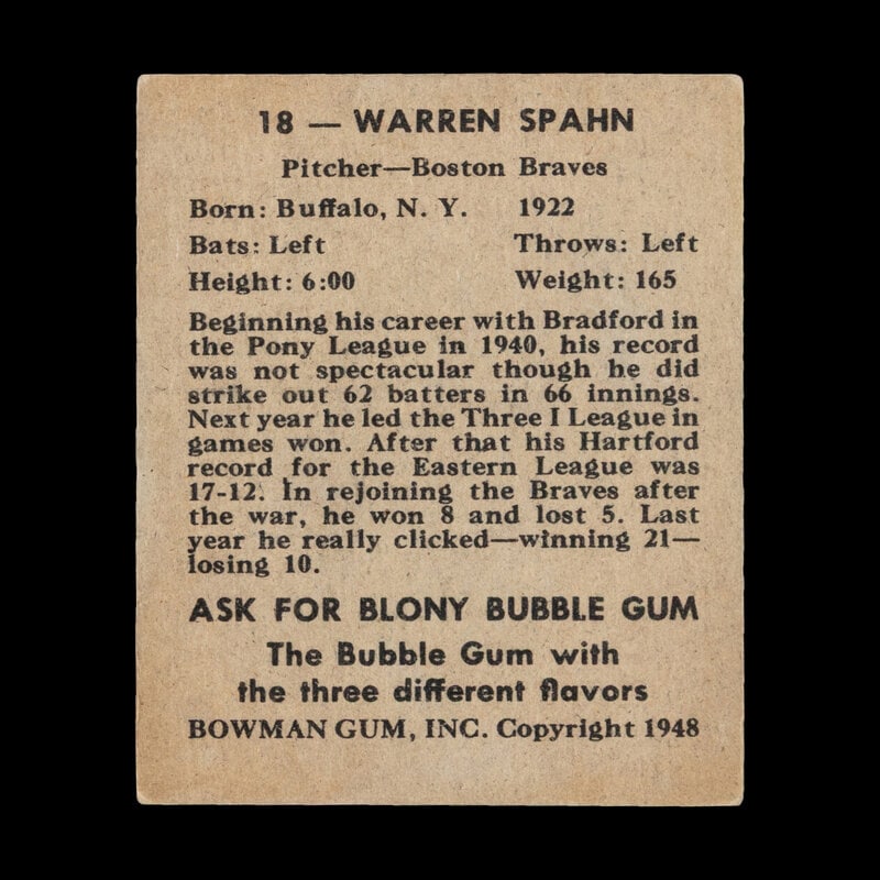 A 1948 Bowman Warren Spahn Rookie Baseball Card No. 18 - 2