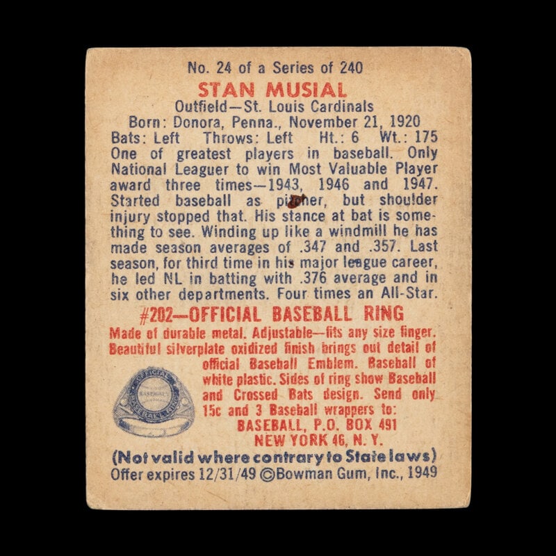 A 1949 Bowman Stan Musial Baseball Card No. 24 - 2