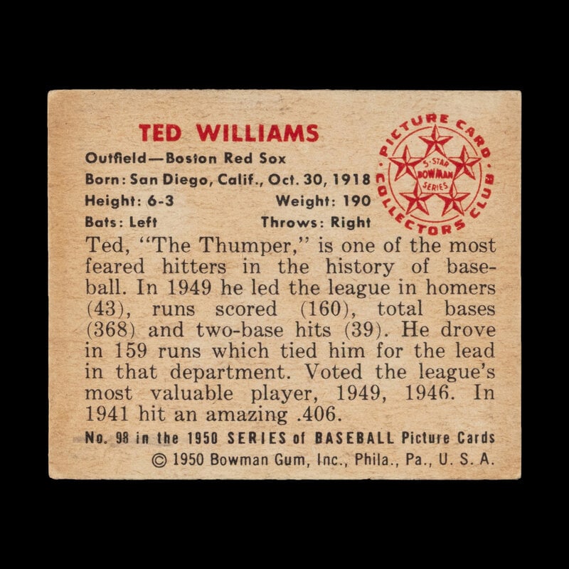 A 1950 Bowman Ted Williams Baseball Card No. 98 - 2