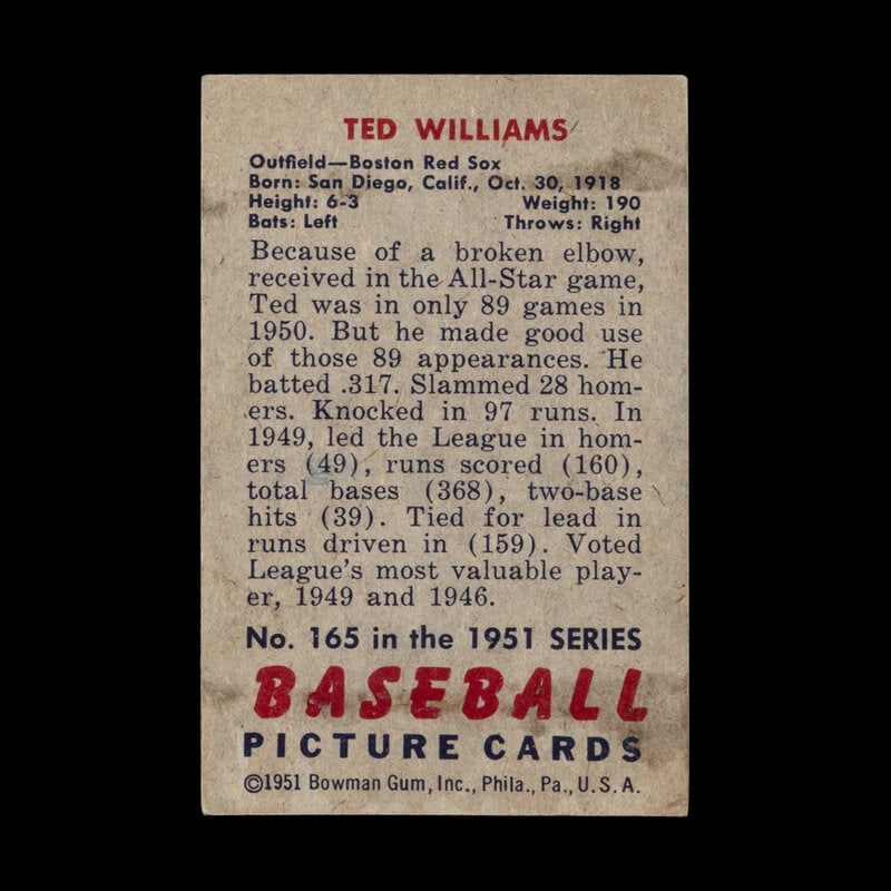 A 1951 Bowman Ted Williams Baseball Card No. 165 - 2