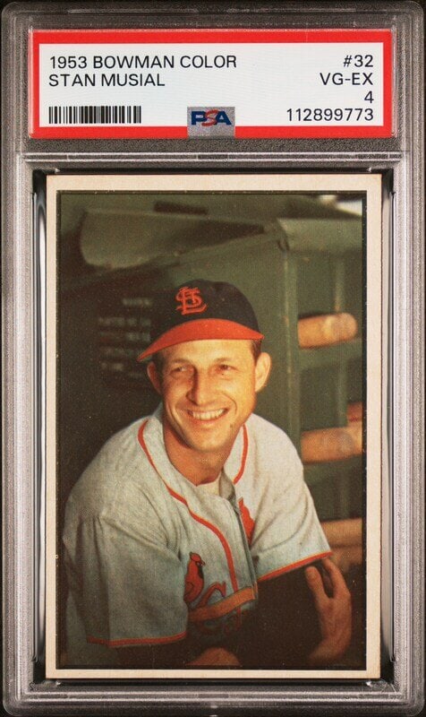 A 1953 Bowman Color Stan Musial Baseball Card No. 32 (PSA 4 VG-EX): A 1953 Bowman Color Stan Musial Baseball Card No. 32 (PSA 4 VG-EX) Property from a Midwest Collector This lot is located in Chicago. 