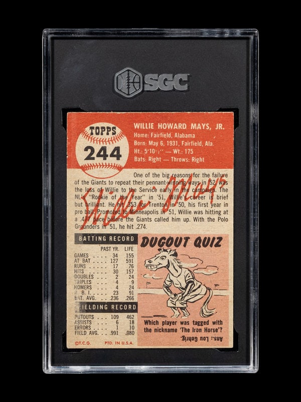 A 1953 Topps Willie Mays Baseball Card No. 244 (SGC 3 VG) - 2