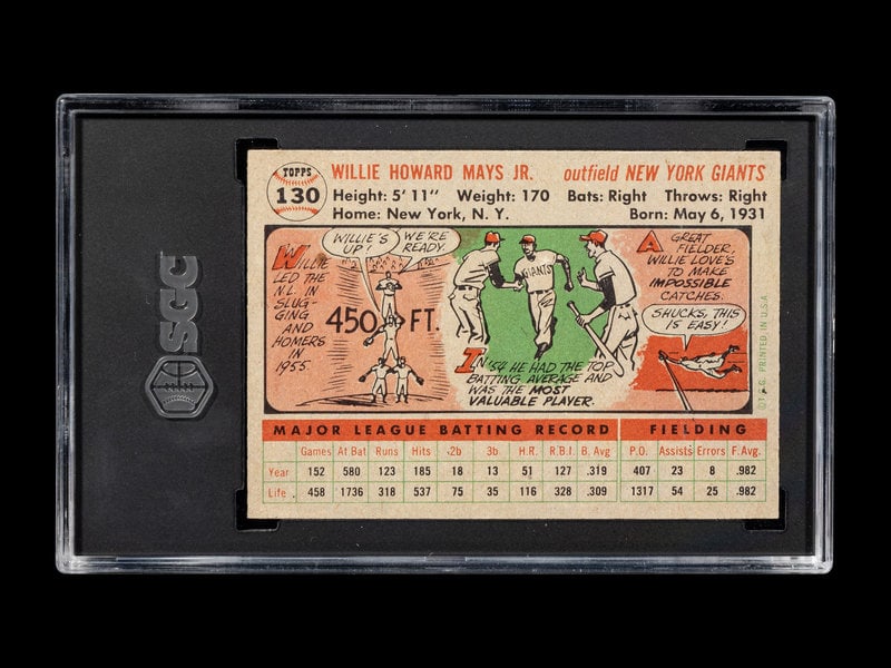 A 1956 Topps Willie Mays Gray Back Baseball Card No. 130 (SGC 5 EX) - 2