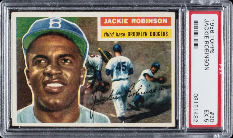 A 1956 Topps Jackie Robinson Baseball Card No. 30 (PSA 5 EX): A 1956 Topps Jackie Robinson Baseball Card No. 30 (PSA 5 EX) This lot is located in Chicago.