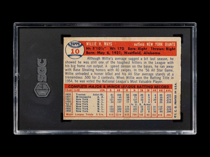 A 1957 Topps Willie Mays Baseball Card No. 10 (SGC 5 EX) - 2