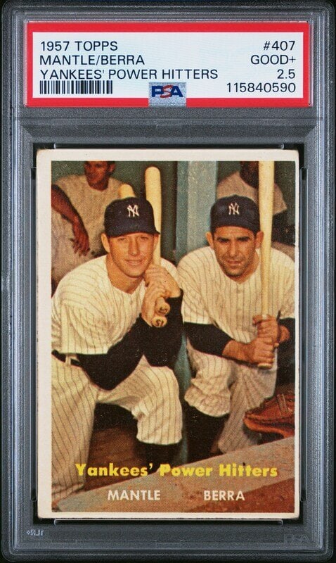 A 1957 Topps Mickey Mantle Yogi Berra Yankees Power Hitters Baseball Card No. 407 (PSA 2.5 GOOD+): A 1957 Topps Mickey Mantle Yogi Berra Yankees Power Hitters Baseball Card No. 407 (PSA 2.5 GOOD+) This lot is located in Chicago.
