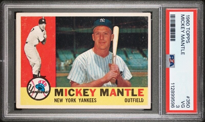 A 1960 Topps Mickey Mantle Baseball Card No. 350 (PSA 3 VG): A 1960 Topps Mickey Mantle Baseball Card No. 350 (PSA 3 VG) Property from a Midwest Collector This lot is located in Chicago. 