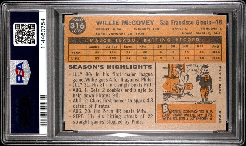 A 1960 Topps Willie McCovey Baseball Rookie Card No. 316 (PSA 5 EX) - 2