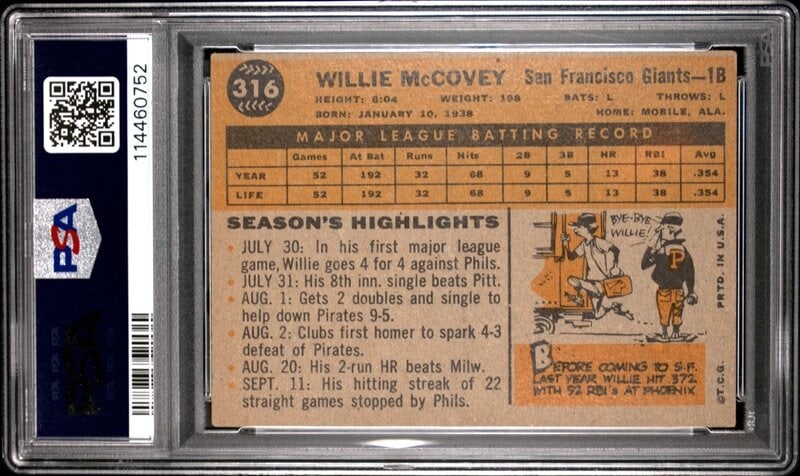 A 1960 Topps Willie McCovey Baseball Rookie Card No. 316 (PSA 4 VG-EX) - 2