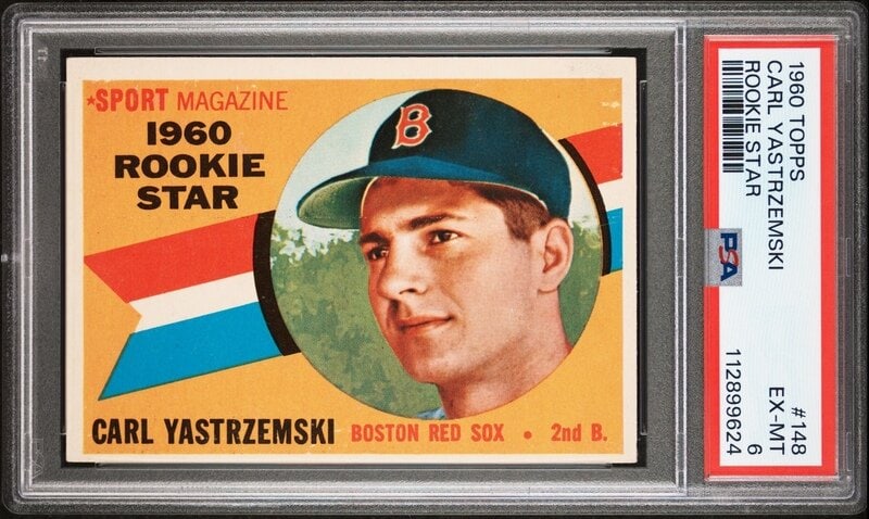 A 1960 Topps Carl Yastrzemski Rookie Baseball Card No. 148 (PSA 6 EX-MT): A 1960 Topps Carl Yastrzemski Rookie Baseball Card No. 148 (PSA 6 EX-MT) Property from a Midwest Collector This lot is located in Chicago.