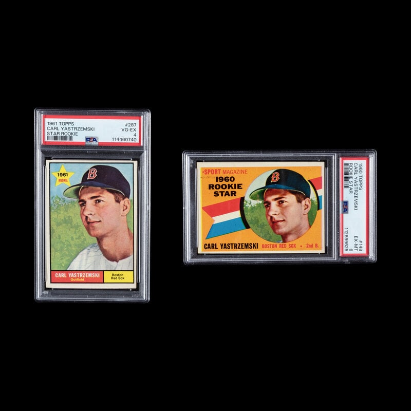 A Collection of PSA Graded 1960 and 1961 Topps Carl Yastrzemski Baseball Cards: A Collection of PSA Graded 1960 and 1961 Topps Carl Yastrzemski Baseball Cards composing 1960 No. 148 PSA 6 EX-MT and 1961 No. 287 PSA 4 VG-EX. Property from a Midwest Collector