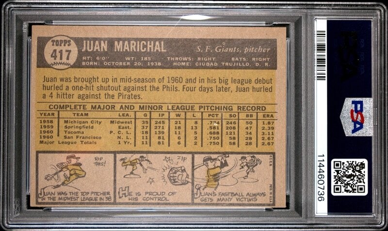 A 1961 Topps Juan Marichal Rookie Baseball Card No. 417 (PSA 7 NM OC) - 2
