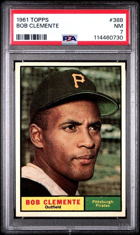 A 1961 Topps Roberto Clemente Baseball Card No. 388 (PSA 7 NM): A 1961 Topps Roberto Clemente Baseball Card No. 388 (PSA 7 NM) Property from a Midwest Collector This lot is located in Chicago.