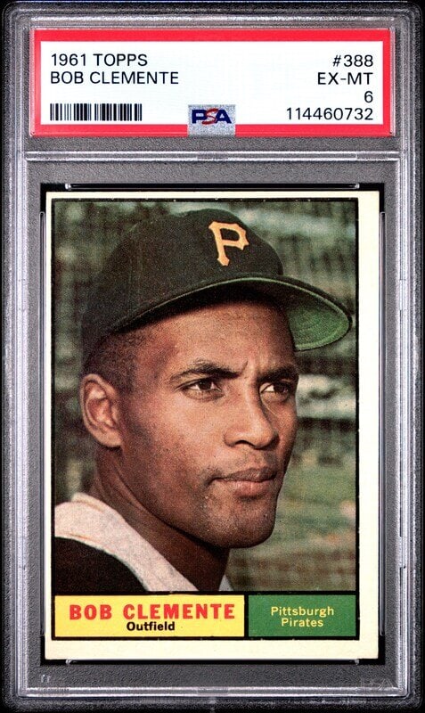 A 1961 Topps Roberto Clemente Baseball Card No. 388 (PSA 6 EX-MT): A 1961 Topps Roberto Clemente Baseball Card No. 388 (PSA 6 EX-MT) Property from a Midwest Collector This lot is located in Chicago.