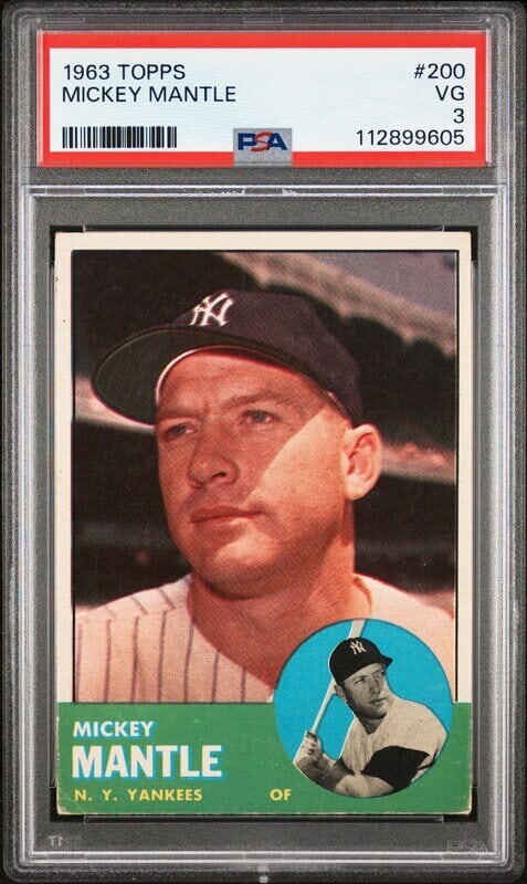 A 1963 Topps Mickey Mantle Baseball Card No. 200 (PSA 3 VG): A 1963 Topps Mickey Mantle Baseball Card No. 200 (PSA 3 VG) Property from a Midwest Collector This lot is located in Chicago.