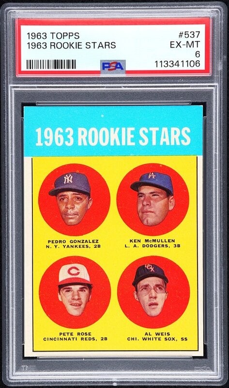 A 1963 Topps Pete Rose Rookie Card No. 537 (PSA 6 EX-MT): A 1963 Topps Pete Rose Rookie Card No. 537 (PSA 6 EX-MT) Property from a Midwest Collector This lot is located in Chicago. 