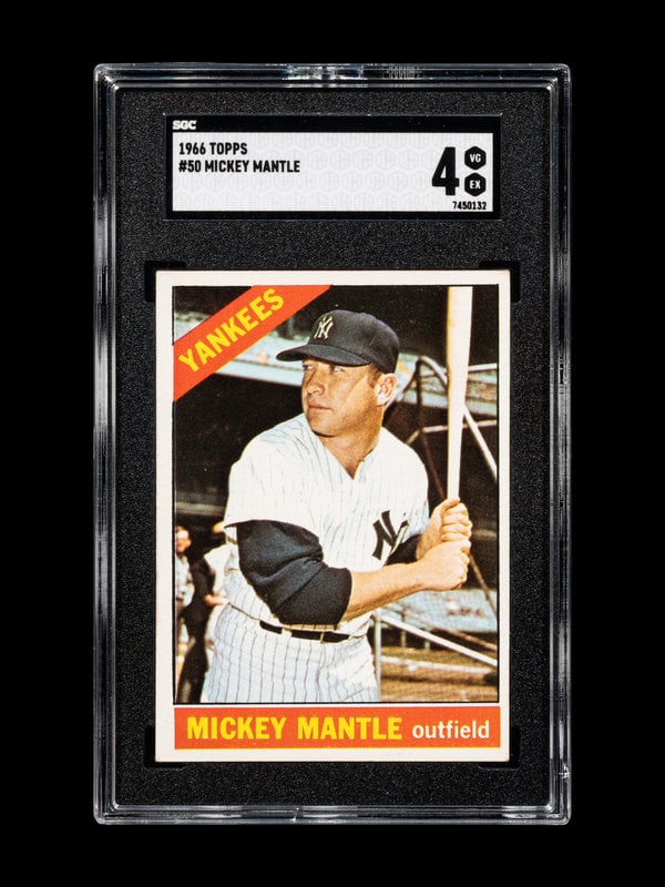 A 1966 Topps Mickey Mantle Baseball Card No. 50 (SGC 4 VG/EX): A 1966 Topps Mickey Mantle Baseball Card No. 50 (SGC 4 VG/EX) Property of a Naples Collection This lot is located in Chicago.
