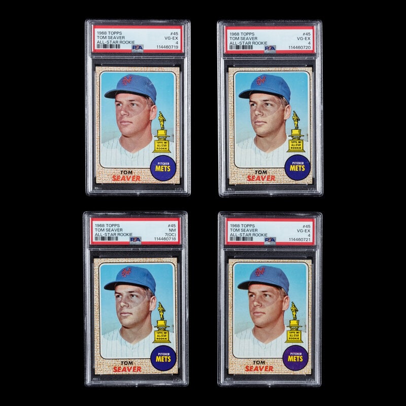 A Collection of PSA Graded 1968 Topps Tom Seaver Baseball Cards No. 45: A Collection of PSA Graded 1968 Topps Tom Seaver Baseball Cards No. 45 comprising PSA 4 VG-EX (x3) and PSA 7 NM (OC). Property from a Midwest Collector This lot is located in