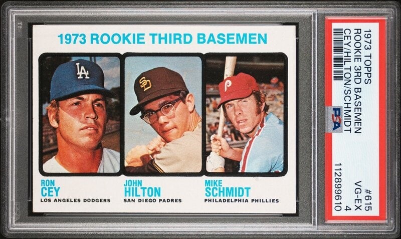 A 1973 Topps Mike Schmidt Rookie Baseball Card No. 615 (PSA 4 VG-EX): A 1973 Topps Mike Schmidt Rookie Baseball Card No. 615 (PSA 4 VG-EX) Property from a Midwest Collector This lot is located in Chicago. 