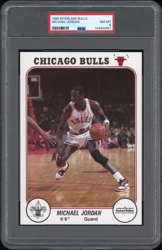 A 1985 Interlake Michael Jordan Chicago Bulls Rookie Basketball Card (PSA 8 NM-MT): A 1985 Interlake Michael Jordan Chicago Bulls Rookie Basketball Card (PSA 8 NM-MT)