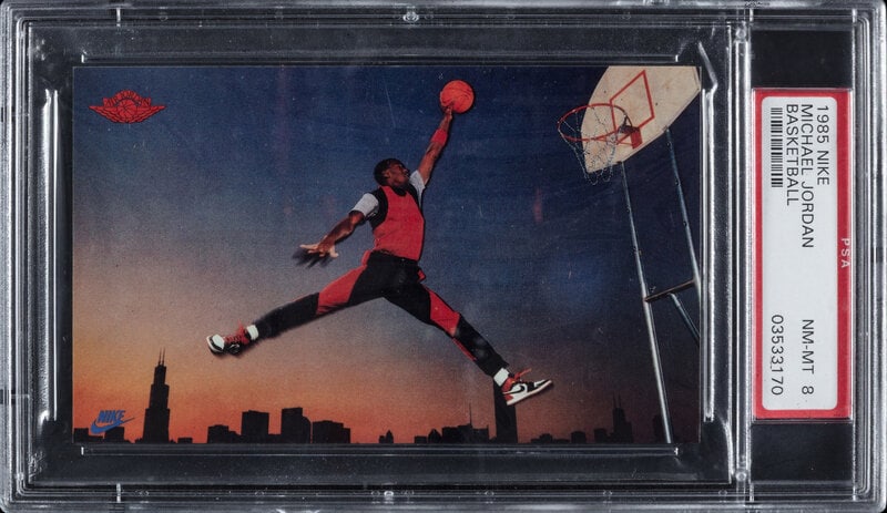 A 1985 Nike Michael Jordan Jumpman Air Jordan Promo Basketball Card (PSA 8): A 1985 Nike Michael Jordan Jumpman Air Jordan Promo Basketball Card (PSA 8) With additional ungraded cards from set: John McEnroe, Dwight Gooden, Lance Parrish, James Lofton. This lot is located