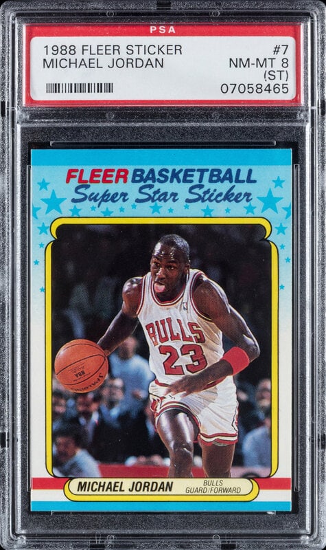 A 1988 Fleer Michael Jordan Sticker (PSA ST 8 NM-MT ): A 1988 Fleer Michael Jordan Sticker (PSA ST 8 NM-MT ) This lot is located in Chicago.