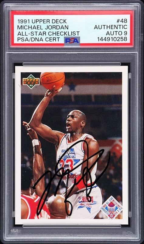 A 1991 Upper Deck Michael Jordan Signed Autograph Basketball Card No. 48 (PSA 9 AUTO): A 1991 Upper Deck Michael Jordan Signed Autograph Basketball Card No. 48 (PSA 9 AUTO) Autograph obtained from Jordan by Make-A-Wish child in 1992 at Chicago Stadium On February 17, 2023, as he turned