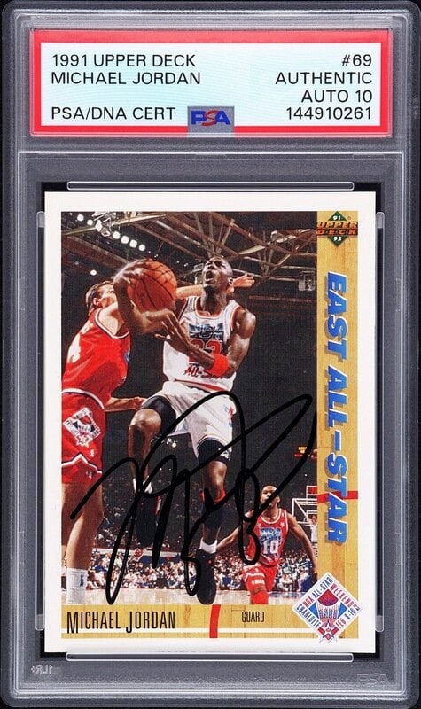 A 1991 Upper Deck Michael Jordan Signed Autograph Basketball Card No. 69 (PSA 10 GEM MINT AUTO): A 1991 Upper Deck Michael Jordan Signed Autograph Basketball Card No. 69 (PSA 10 GEM MINT AUTO) Autograph obtained from Jordan by Make-A-Wish child in 1992 at Chicago Stadium On February 17, 2023, as