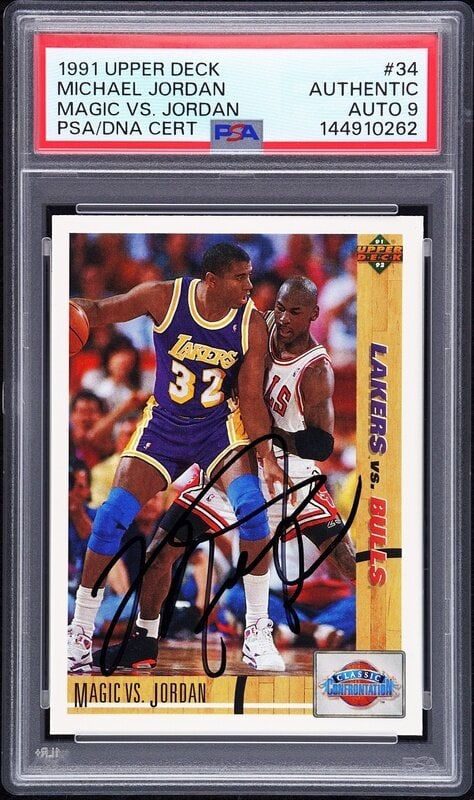 A 1991 Upper Deck Michael Jordan Signed Autograph Basketball Card No. 34 (PSA 9 MINT AUTO): A 1991 Upper Deck Michael Jordan Signed Autograph Basketball Card No. 34 (PSA 9 MINT AUTO) Autograph obtained from Jordan by Make-A-Wish child in 1992 at Chicago Stadium On February 17, 2023, as he