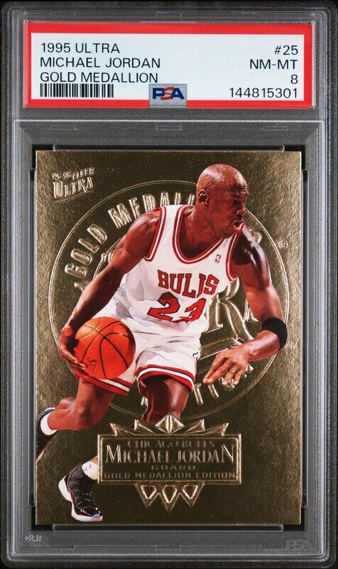 A 1995-96 Fleer Ultra Michael Jordan Gold Medallion Basketball Card No. 25 (PSA 8 NM-MT): A 1995-96 Fleer Ultra Michael Jordan Gold Medallion Basketball Card No. 25 (PSA 8 NM-MT) 