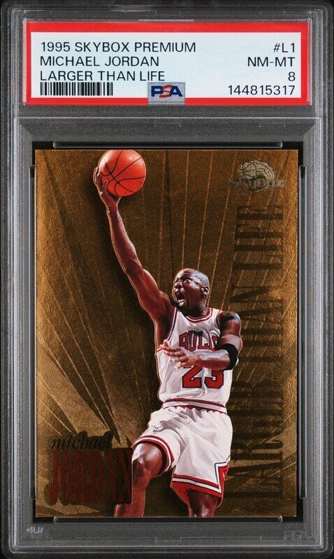 A 1995 Skybox Premium Michael Jordan Larger Than Life Basketball Card No. L1 (PSA 8 NM-MT): A 1995 Skybox Premium Michael Jordan Larger Than Life Basketball Card No. L1 (PSA 8 NM-MT) 