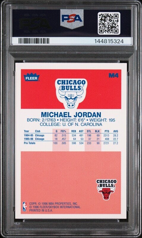 A 1996 Fleer Metal Michael Jordan Decade of Excellence Basketball Card No. M4 (PSA 8 NM-MT) - 2