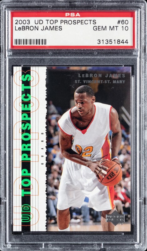 A 2003 Upper Deck Top Prospects LeBron James Rookie Basketball Card No. 60 (PSA 10 GEM MINT): A 2003 Upper Deck Top Prospects LeBron James Rookie Basketball Card No. 60 (PSA 10 GEM MINT) This lot is located in Chicago. 