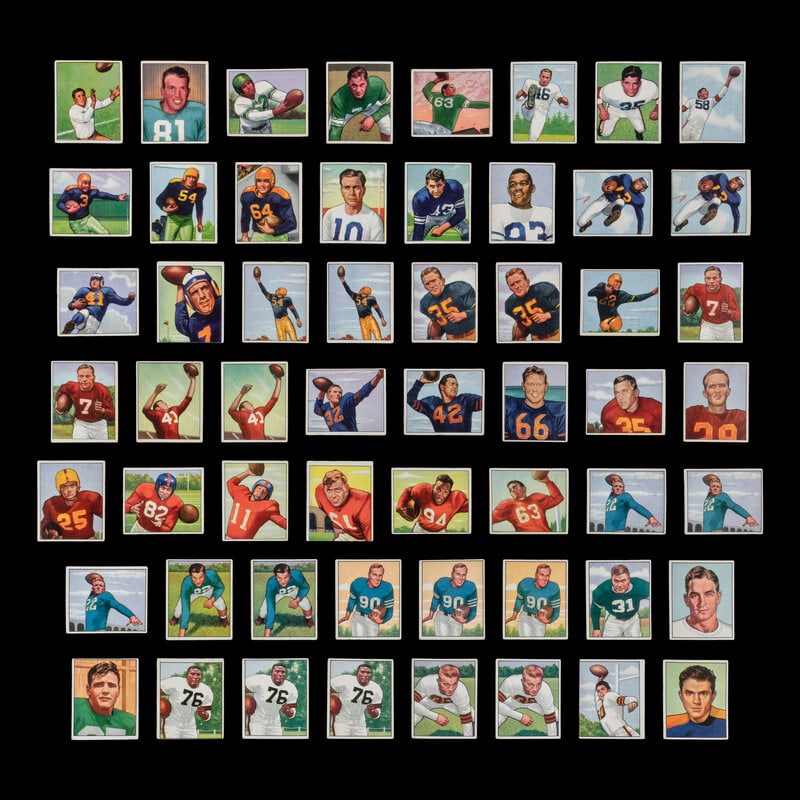 A Collection of 1950 Bowman Football Cards Including Multiple Hall of Famers and Rookies (210): A Collection of 1950 Bowman Football Cards Including Multiple Hall of Famers and Rookies (210) comprising card numbers 1, 2, 3, 4, 5, 6, 7, 8, 9, 10, 11, 12, 13, 14, 15 (x2), 16, 17, 18 (x2), 19