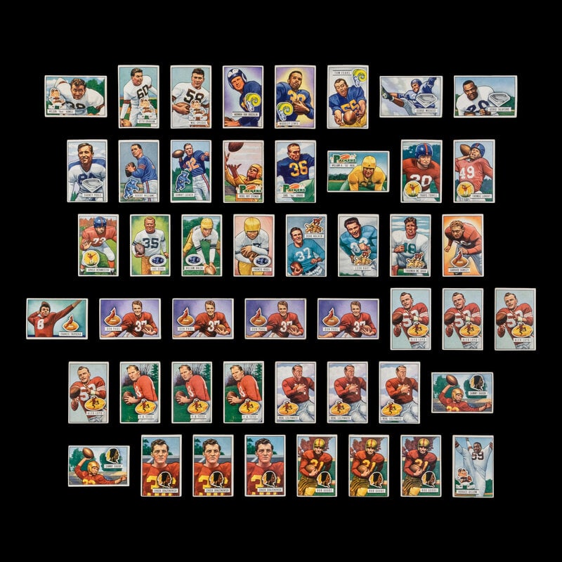 A Collection of 1951 Bowman Football Cards Including Multiple Hall of Famers and Rookies (136): A Collection of 1951 Bowman Football Cards Including Multiple Hall of Famers and Rookies (136) comprising card numbers 1, 2, 3, 4, 5, 6, 7, 8, 9, 14, 15, 16, 17, 18, 19, 20, 21, 22, 23, 24, 25, 26,