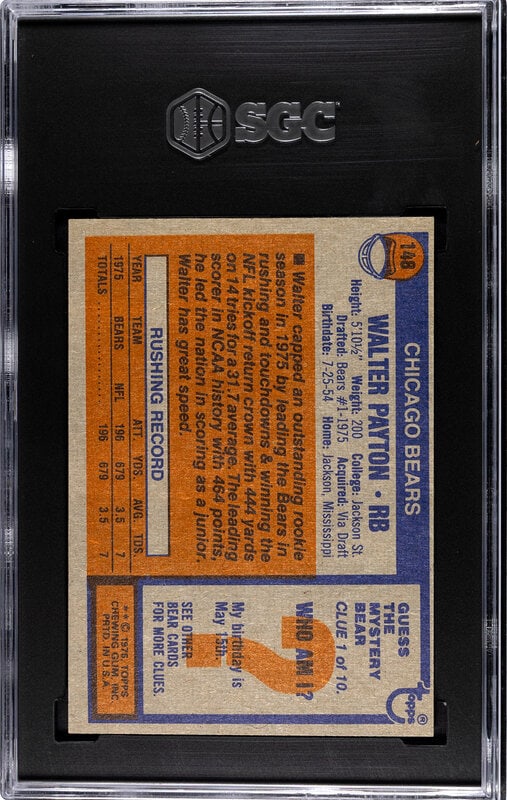 A 1976 Topps Walter Payton Rookie Football Card No. 148 (SGC 5 EX) - 2