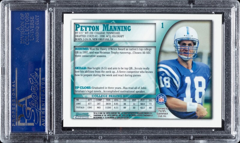A 1998 Bowman Chrome Peyton Manning Rookie Football Card No. 1 (PSA 10 GEM MINT) - 2