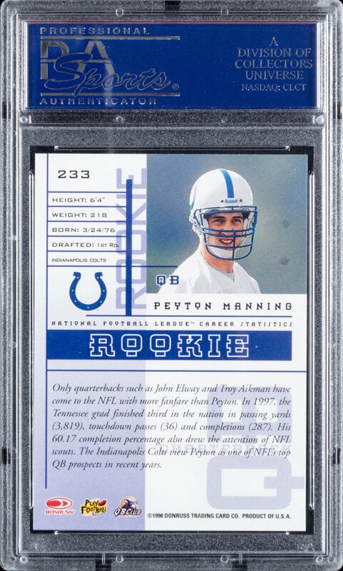 A 1998 Leaf Rookies and Stars Peyton Manning Rookie Football Card No. 233 (PSA 10 GEM MINT) - 2