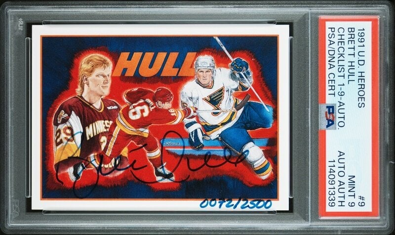 A 1991 Upper Deck Brett Hull Signed Autograph Hockey Heroes Card No. 9 (72/2,500) PSA 9 MINT: A 1991 Upper Deck Brett Hull Signed Autograph Hockey Heroes Card No. 9 (72/2,500) PSA 9 MINT Property from a Midwest Collector This lot is located in Chicago.