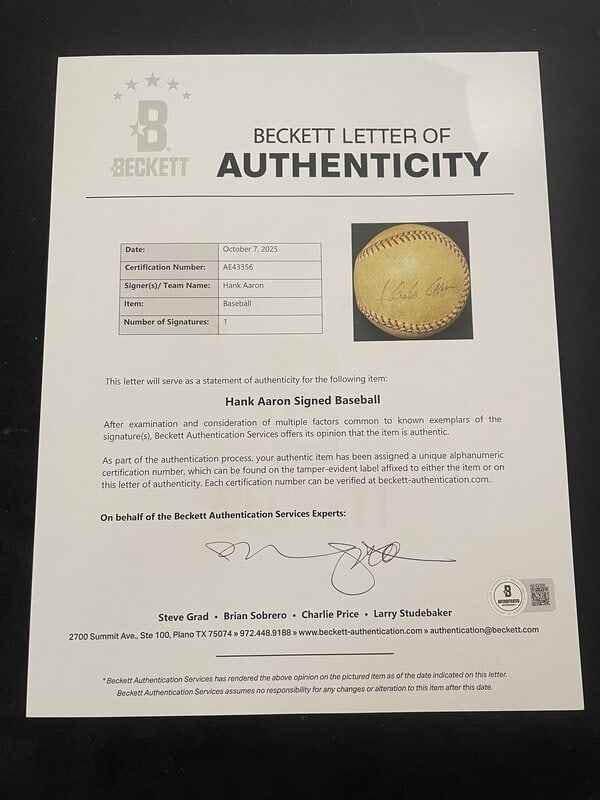 A Hank Aaron Single Signed Autograph Baseball - Vintage Signature (Beckett Authentication Services L - 2