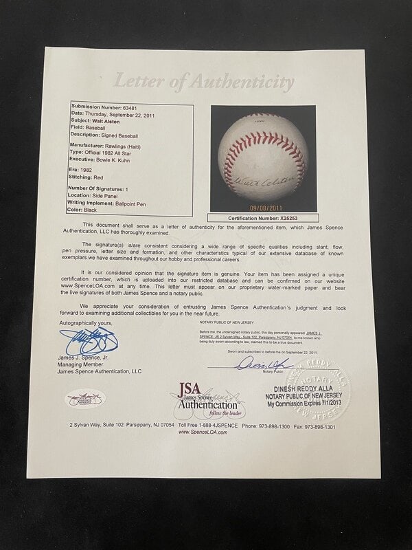 A Walter Alston Single Signed Autograph Baseball (JSA Letter) - 2